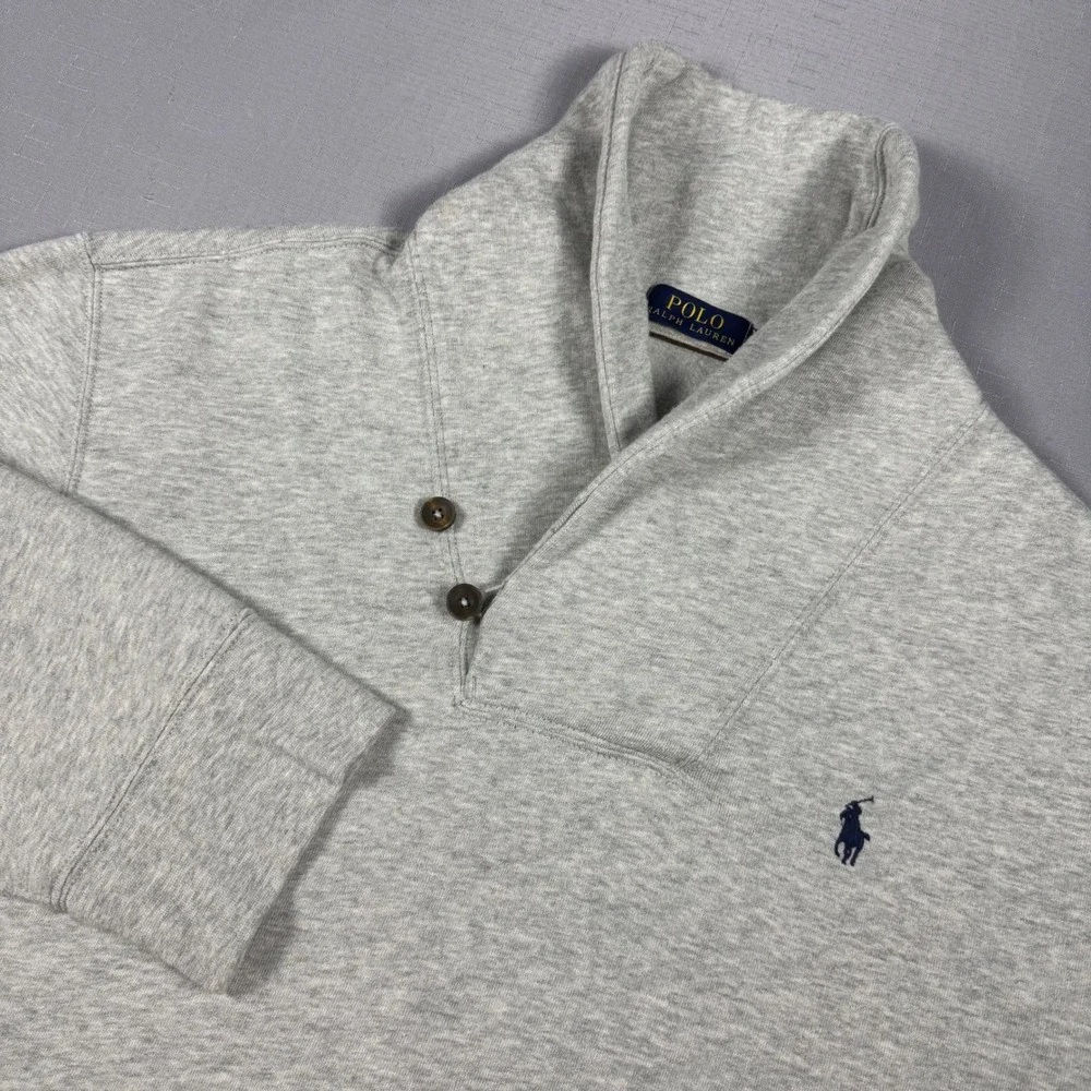Polo Ralph Lauren Shawl Collar Sweatshirt Gray Elbow Patches Mens XL Fleece